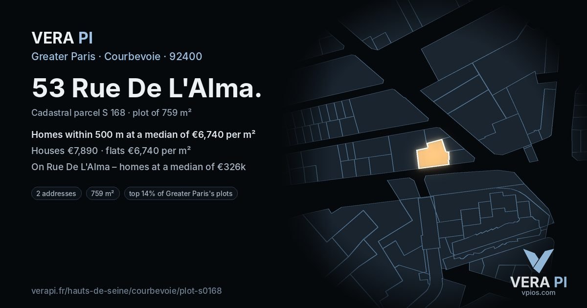 53 Rue De L'Alma, Courbevoie at night – the plot lit, the parcels around coloured by the prices near them