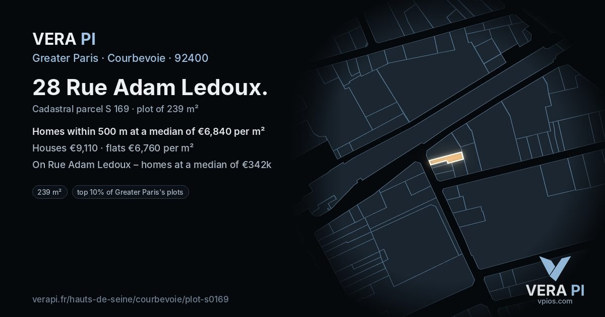 28 Rue Adam Ledoux, Courbevoie at night – the plot lit, the parcels around coloured by the prices near them