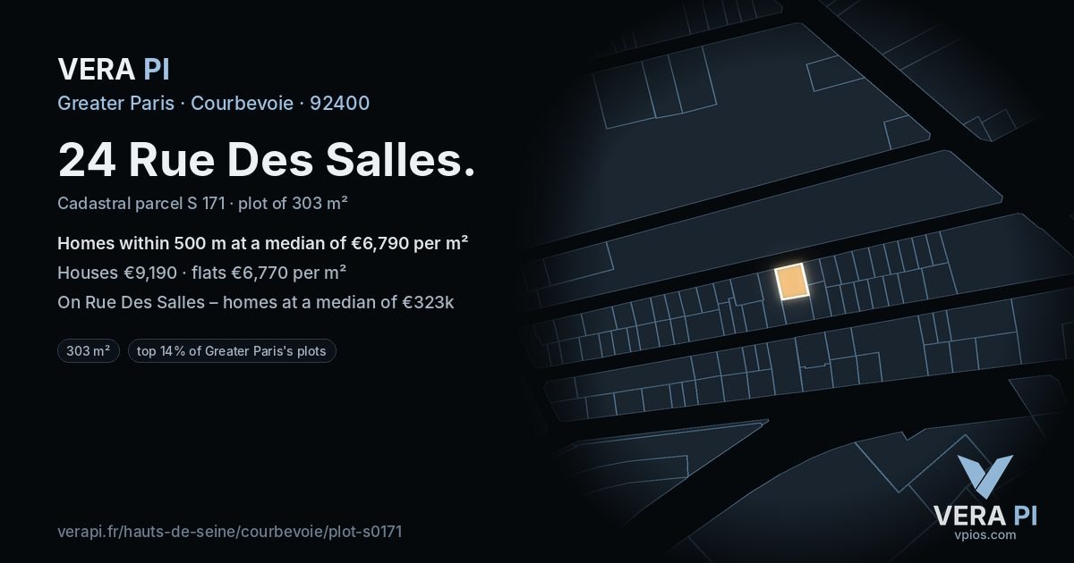 24 Rue Des Salles, Courbevoie at night – the plot lit, the parcels around coloured by the prices near them