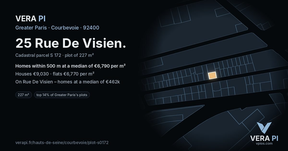 25 Rue De Visien, Courbevoie at night – the plot lit, the parcels around coloured by the prices near them
