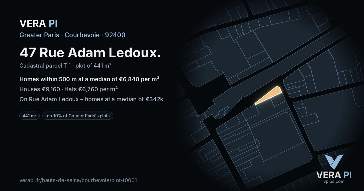 47 Rue Adam Ledoux, Courbevoie at night – the plot lit, the parcels around coloured by the prices near them