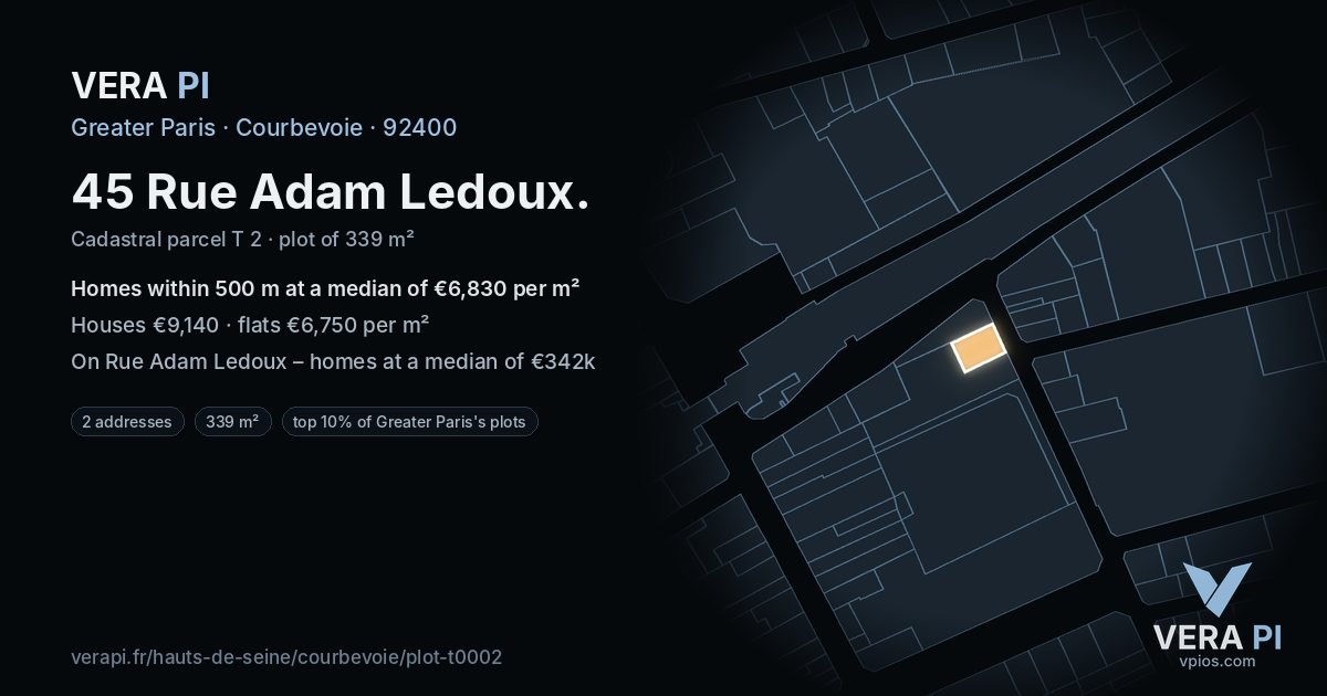 45 Rue Adam Ledoux, Courbevoie at night – the plot lit, the parcels around coloured by the prices near them