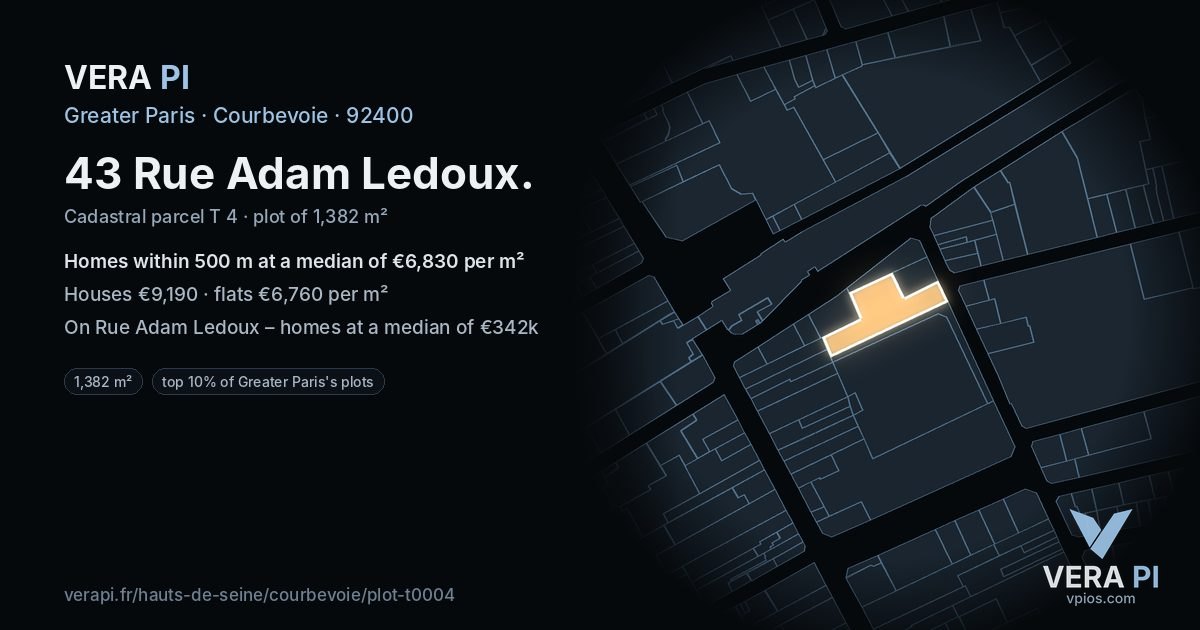 43 Rue Adam Ledoux, Courbevoie at night – the plot lit, the parcels around coloured by the prices near them