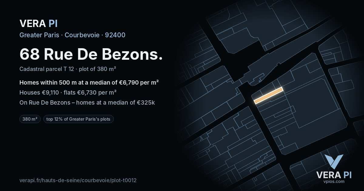 68 Rue De Bezons, Courbevoie at night – the plot lit, the parcels around coloured by the prices near them