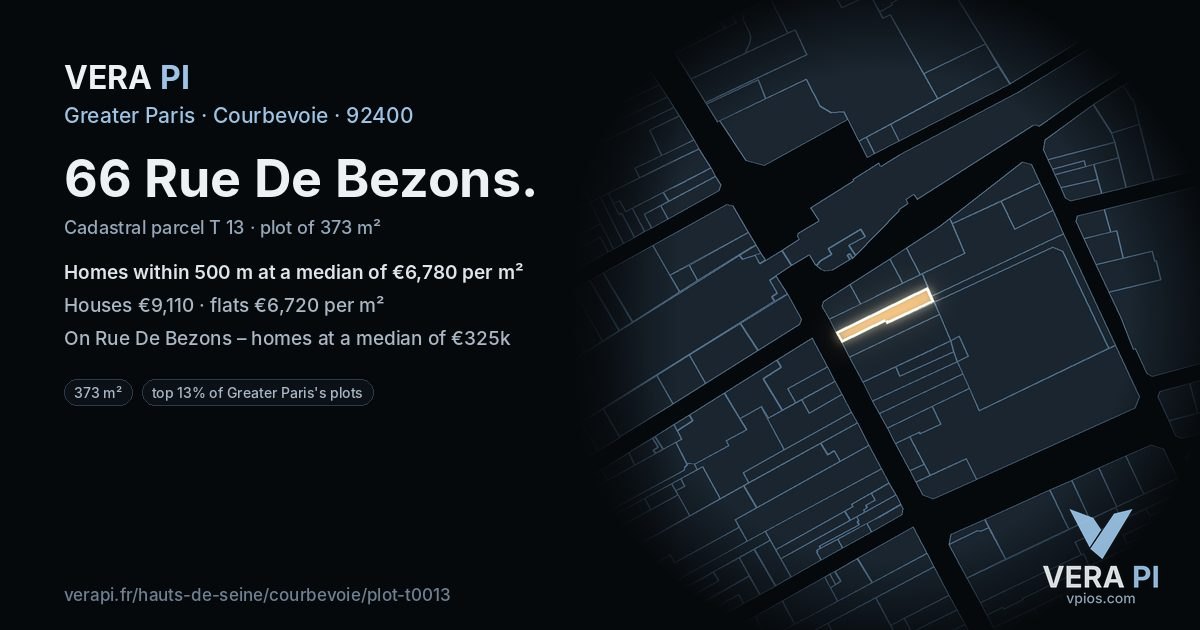 66 Rue De Bezons, Courbevoie at night – the plot lit, the parcels around coloured by the prices near them