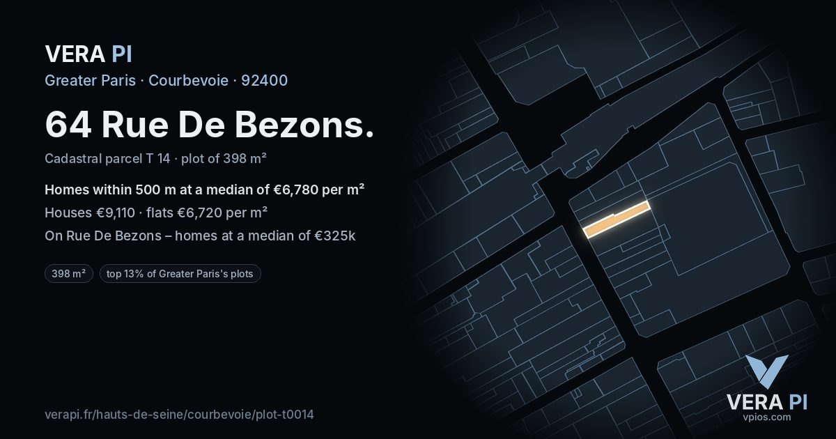 64 Rue De Bezons, Courbevoie at night – the plot lit, the parcels around coloured by the prices near them