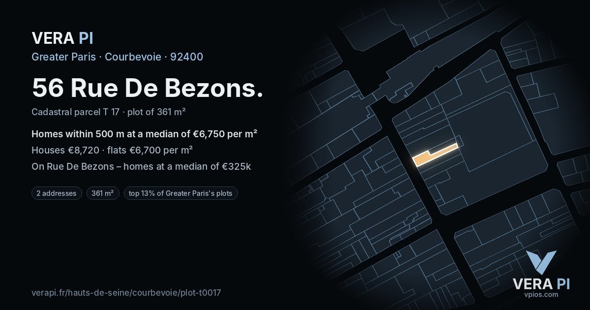 56 Rue De Bezons, Courbevoie at night – the plot lit, the parcels around coloured by the prices near them