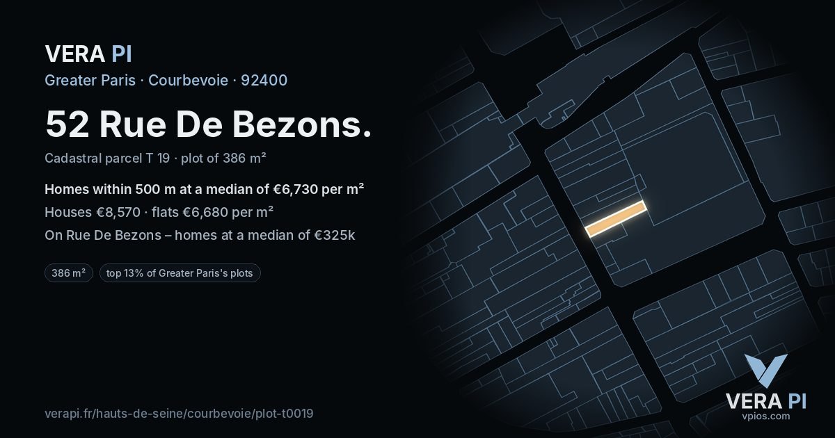 52 Rue De Bezons, Courbevoie at night – the plot lit, the parcels around coloured by the prices near them