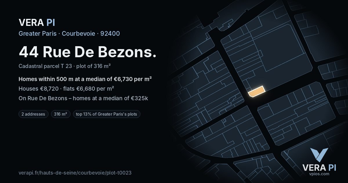 44 Rue De Bezons, Courbevoie at night – the plot lit, the parcels around coloured by the prices near them