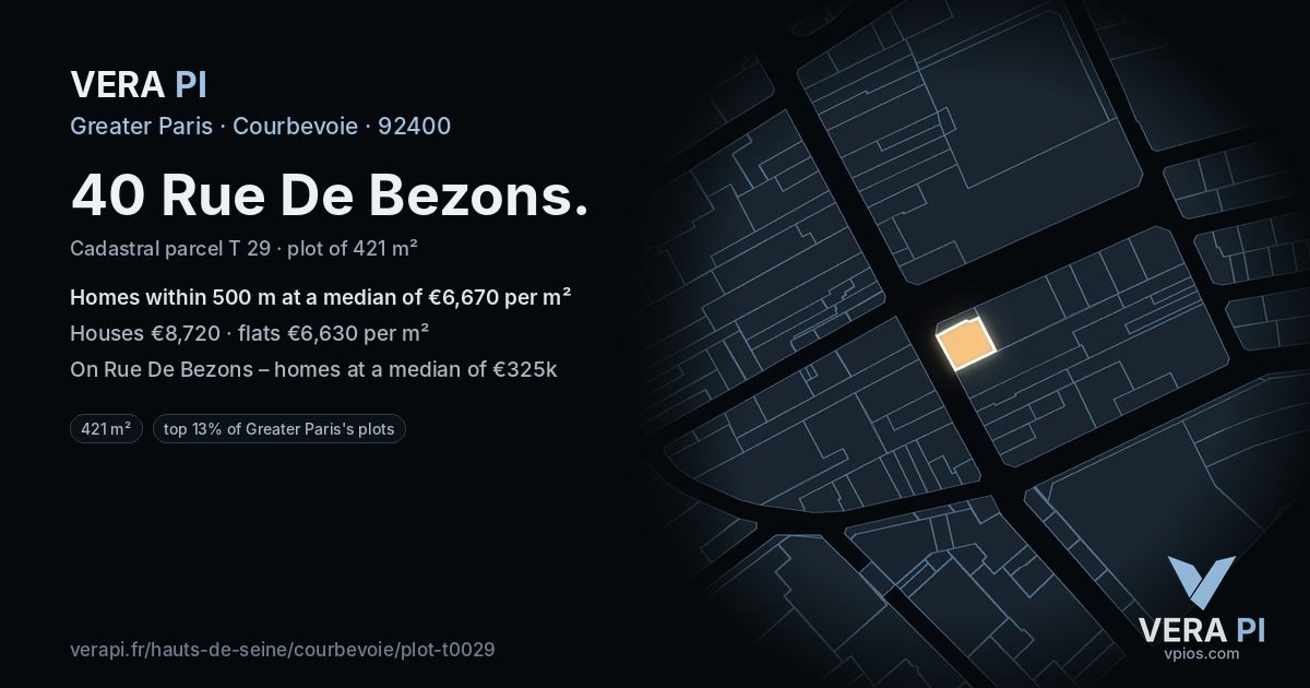 40 Rue De Bezons, Courbevoie at night – the plot lit, the parcels around coloured by the prices near them