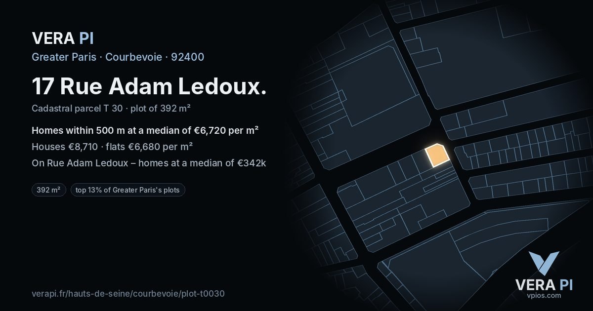 17 Rue Adam Ledoux, Courbevoie at night – the plot lit, the parcels around coloured by the prices near them