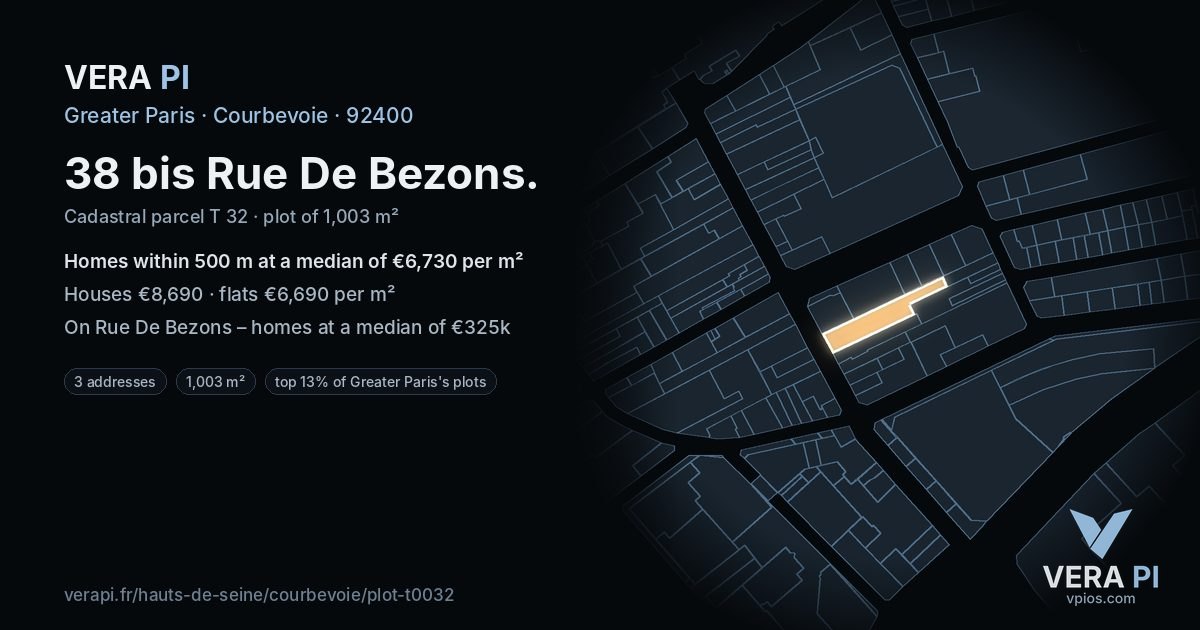 38 bis Rue De Bezons, Courbevoie at night – the plot lit, the parcels around coloured by the prices near them