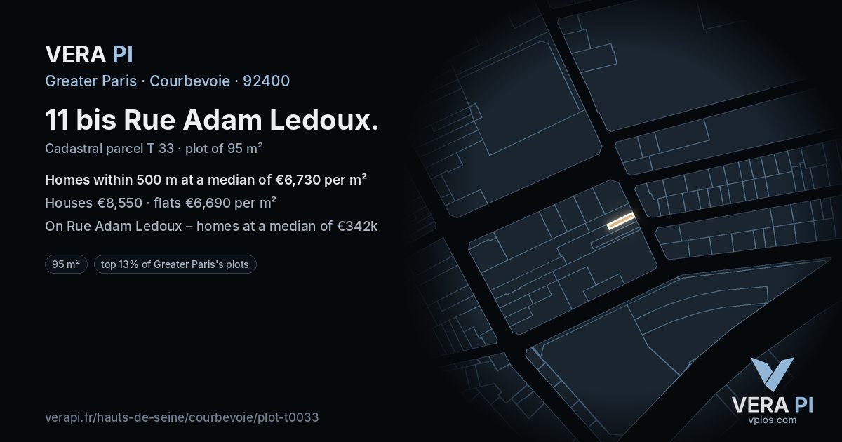 11 bis Rue Adam Ledoux, Courbevoie at night – the plot lit, the parcels around coloured by the prices near them