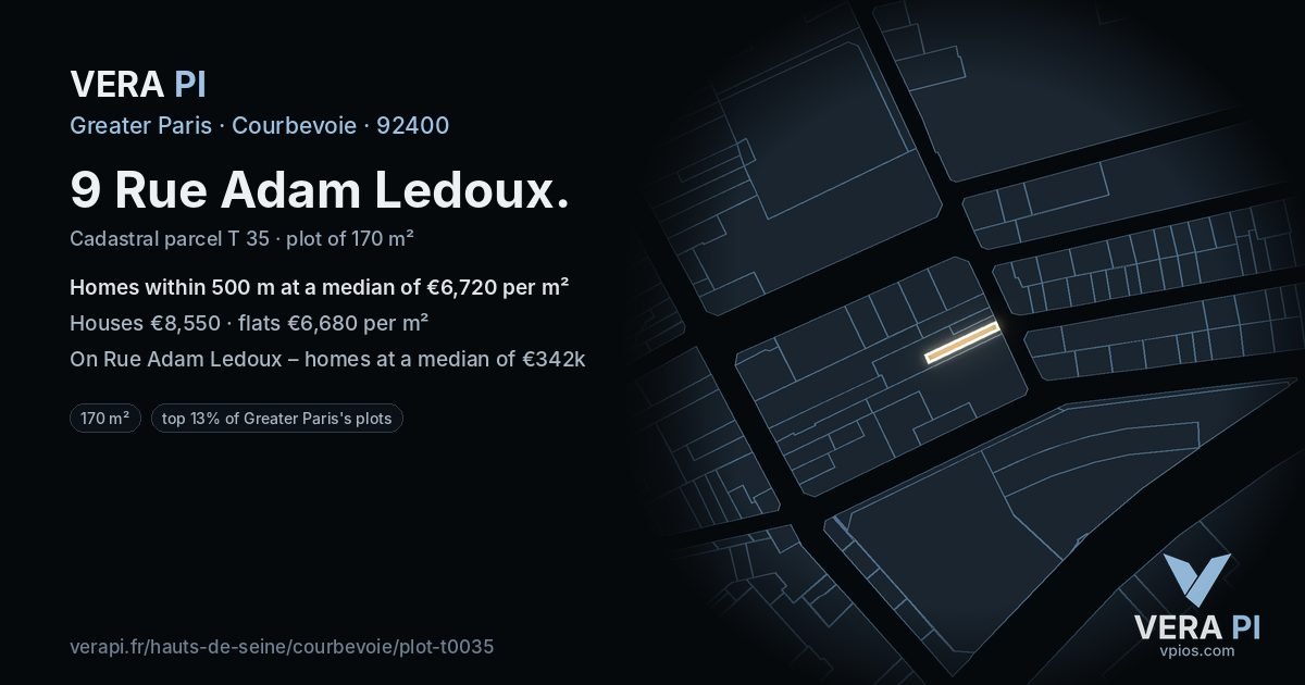 9 Rue Adam Ledoux, Courbevoie at night – the plot lit, the parcels around coloured by the prices near them