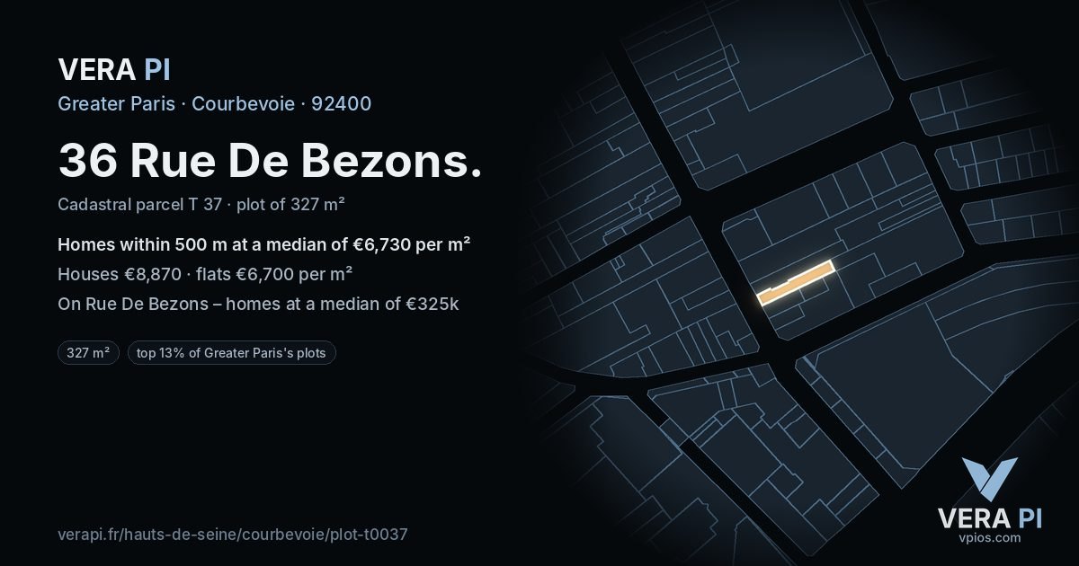 36 Rue De Bezons, Courbevoie at night – the plot lit, the parcels around coloured by the prices near them