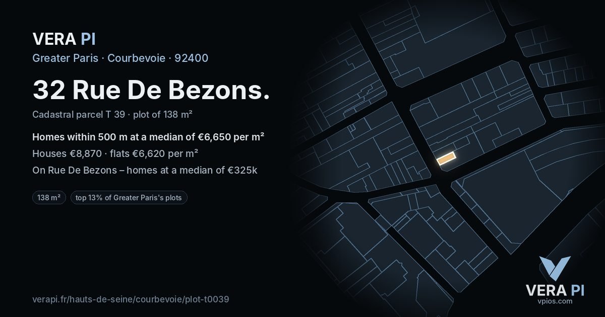 32 Rue De Bezons, Courbevoie at night – the plot lit, the parcels around coloured by the prices near them