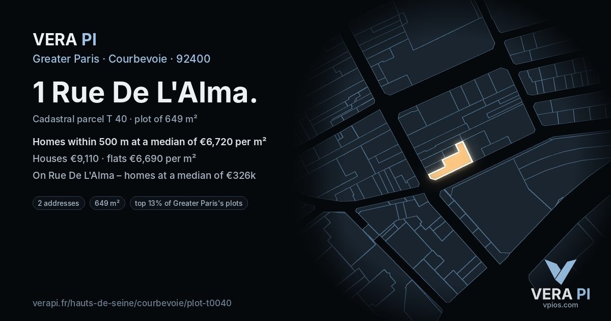 1 Rue De L'Alma, Courbevoie at night – the plot lit, the parcels around coloured by the prices near them
