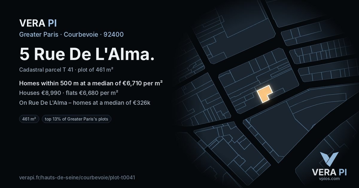 5 Rue De L'Alma, Courbevoie at night – the plot lit, the parcels around coloured by the prices near them