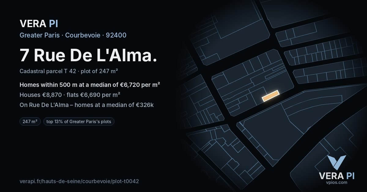 7 Rue De L'Alma, Courbevoie at night – the plot lit, the parcels around coloured by the prices near them