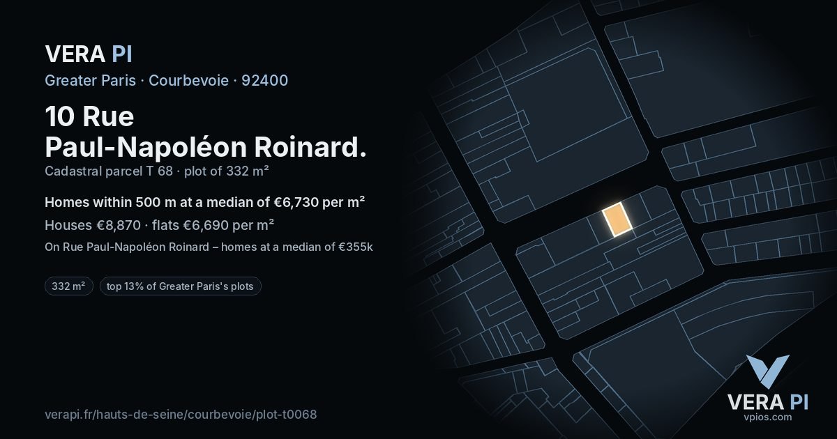 10 Rue Paul-Napoléon Roinard, Courbevoie at night – the plot lit, the parcels around coloured by the prices near them