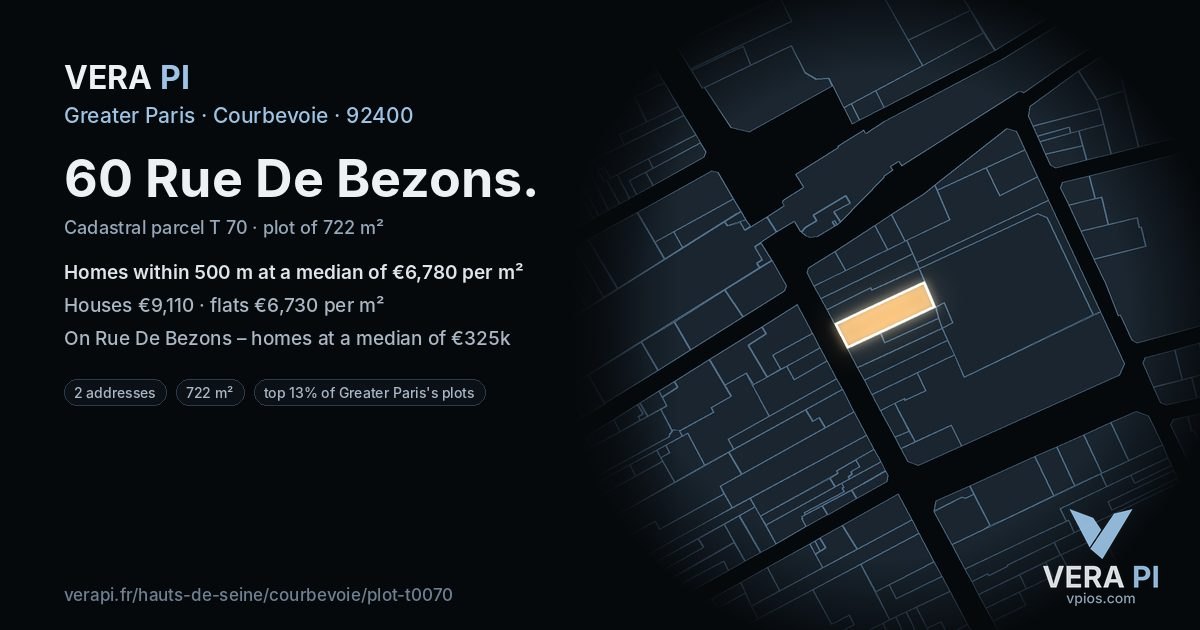 60 Rue De Bezons, Courbevoie at night – the plot lit, the parcels around coloured by the prices near them