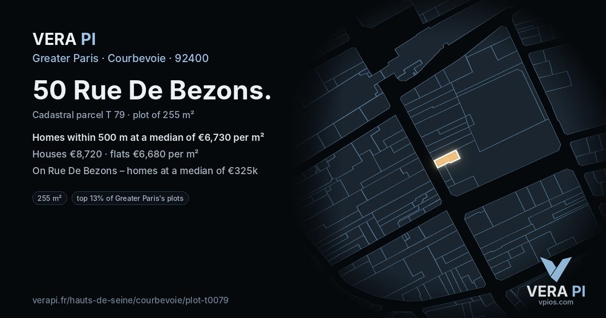 50 Rue De Bezons, Courbevoie at night – the plot lit, the parcels around coloured by the prices near them