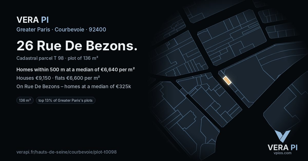 26 Rue De Bezons, Courbevoie at night – the plot lit, the parcels around coloured by the prices near them