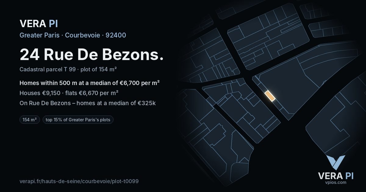 24 Rue De Bezons, Courbevoie at night – the plot lit, the parcels around coloured by the prices near them