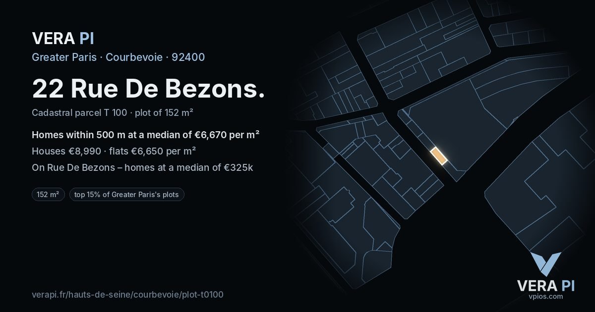 22 Rue De Bezons, Courbevoie at night – the plot lit, the parcels around coloured by the prices near them