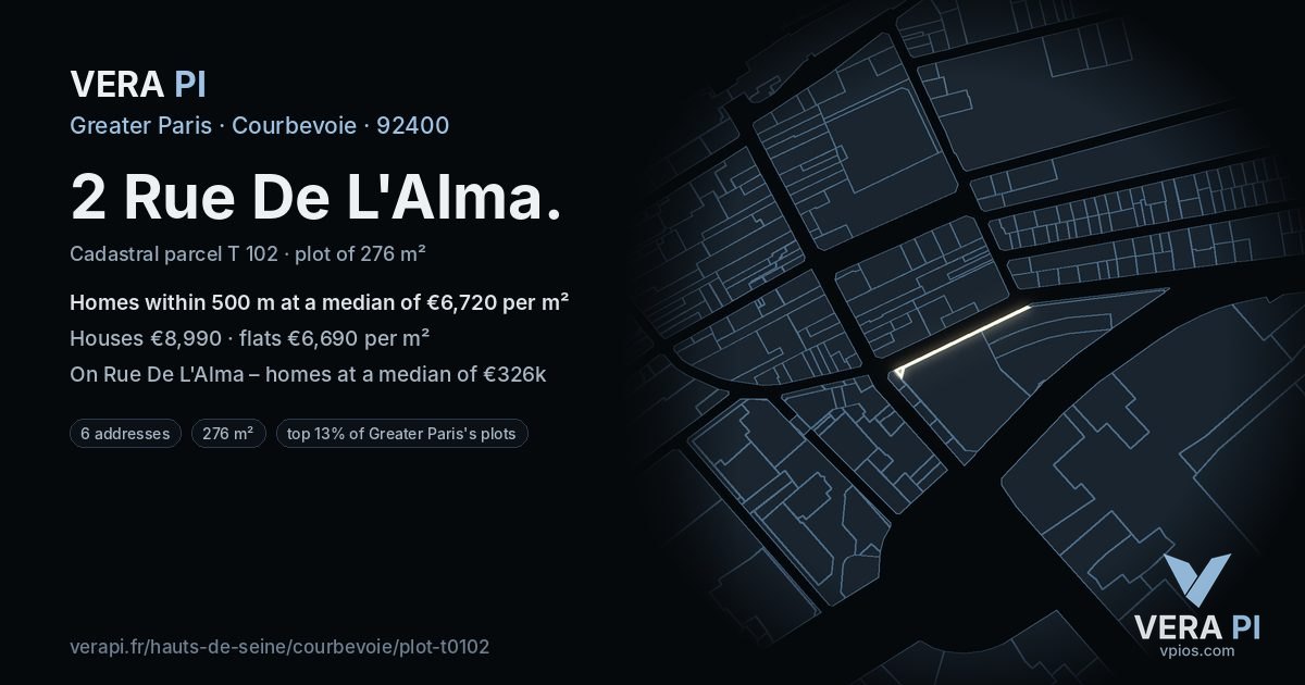 2 Rue De L'Alma, Courbevoie at night – the plot lit, the parcels around coloured by the prices near them