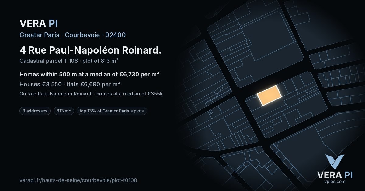 4 Rue Paul-Napoléon Roinard, Courbevoie at night – the plot lit, the parcels around coloured by the prices near them