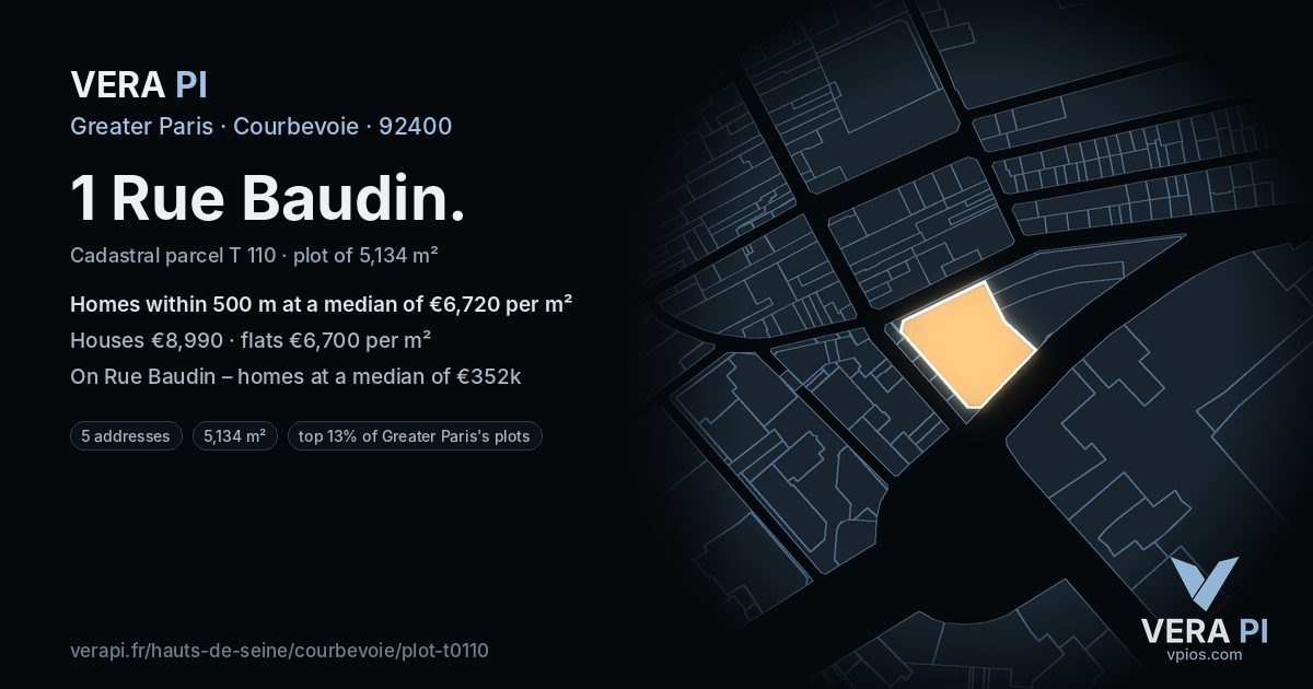 1 Rue Baudin, Courbevoie at night – the plot lit, the parcels around coloured by the prices near them