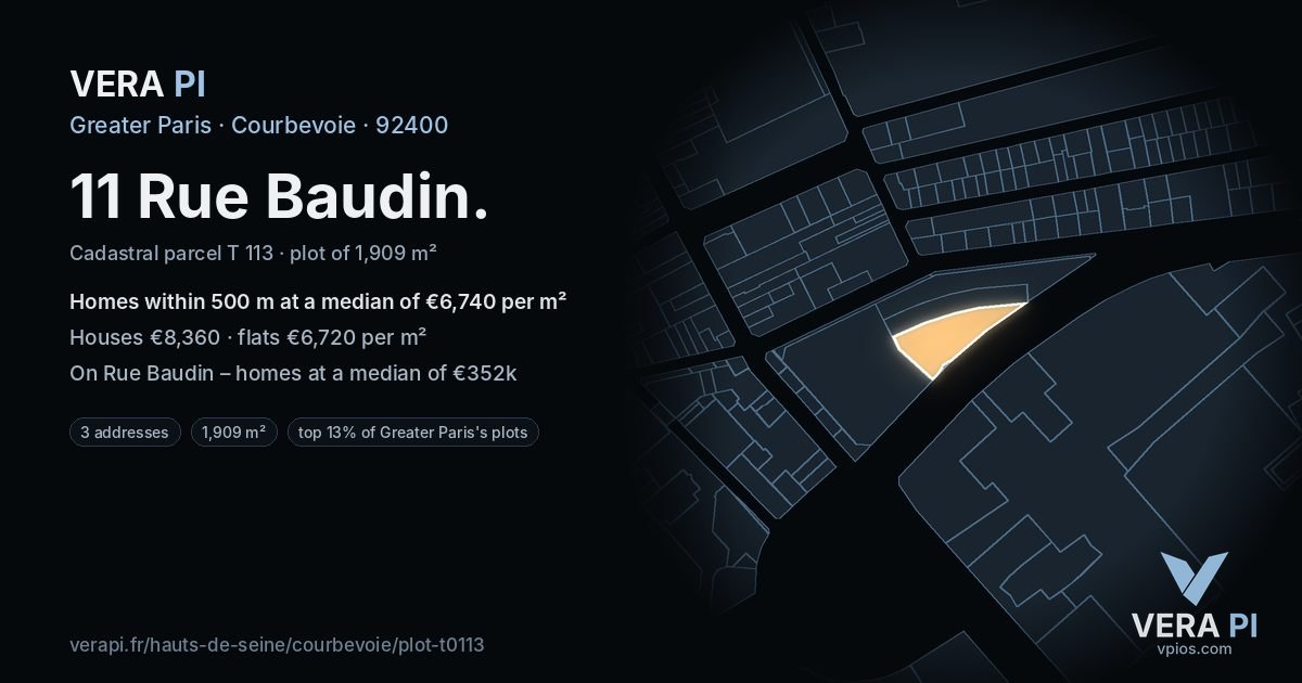 11 Rue Baudin, Courbevoie at night – the plot lit, the parcels around coloured by the prices near them