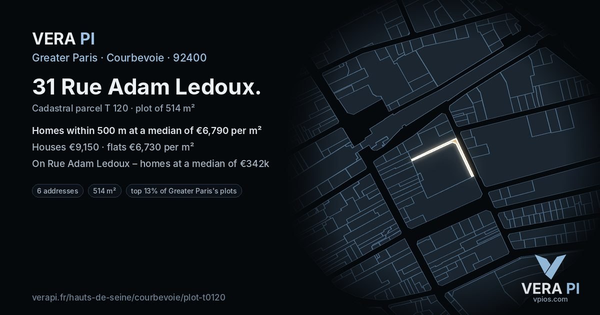 31 Rue Adam Ledoux, Courbevoie at night – the plot lit, the parcels around coloured by the prices near them