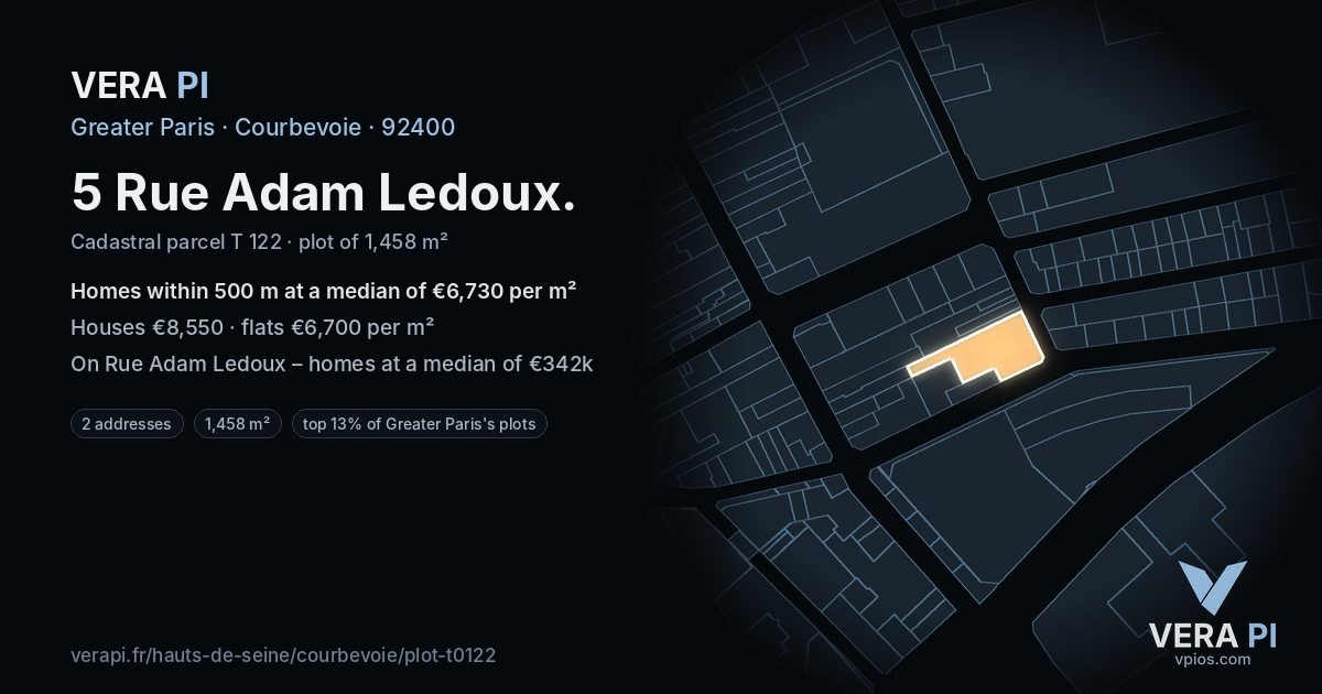 5 Rue Adam Ledoux, Courbevoie at night – the plot lit, the parcels around coloured by the prices near them