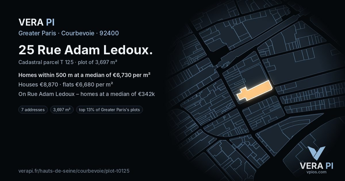25 Rue Adam Ledoux, Courbevoie at night – the plot lit, the parcels around coloured by the prices near them