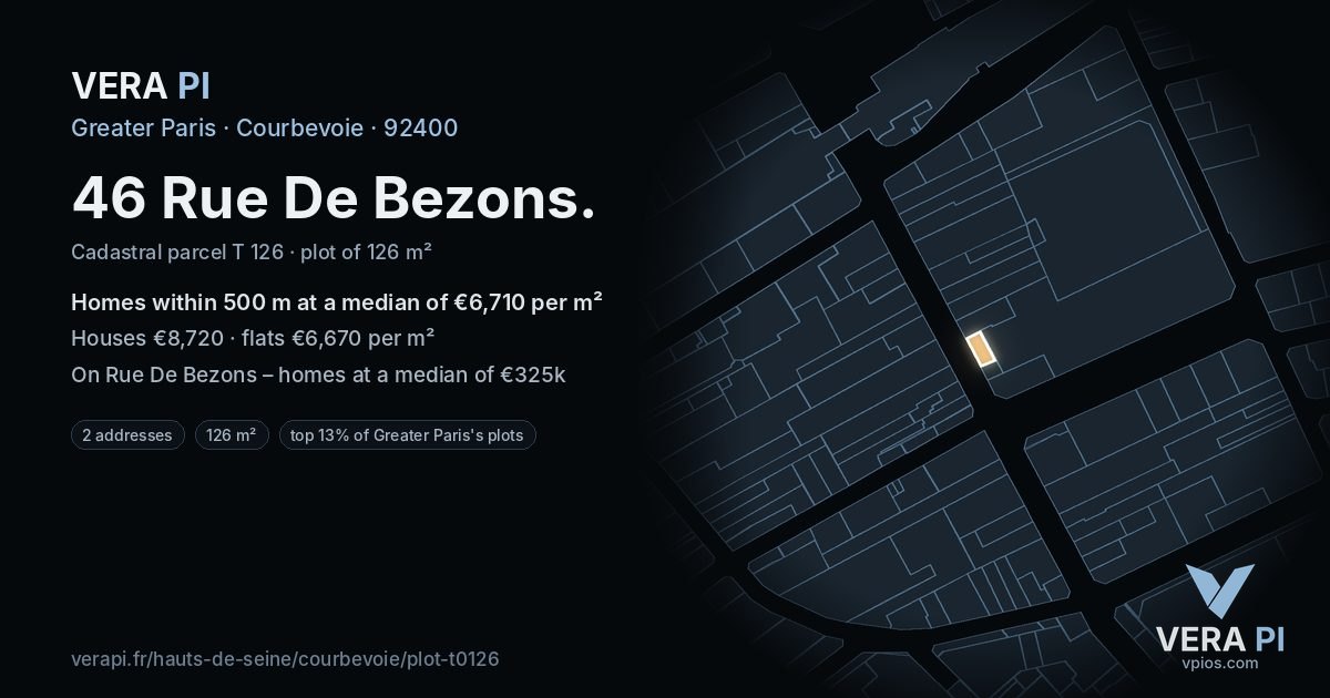 46 Rue De Bezons, Courbevoie at night – the plot lit, the parcels around coloured by the prices near them
