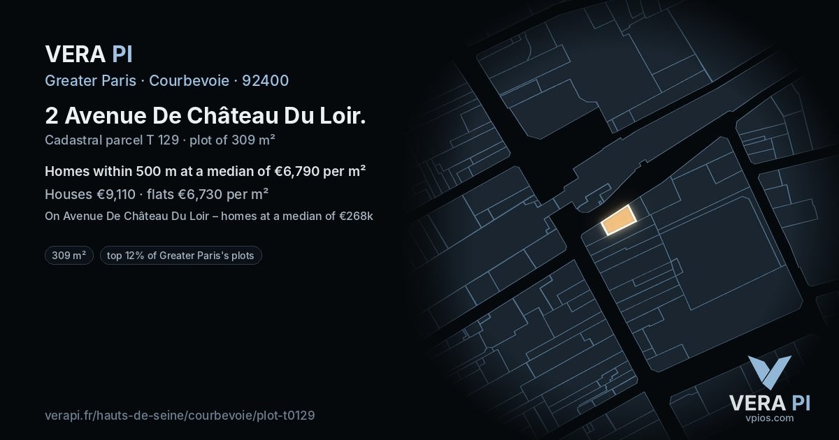 2 Avenue De Château Du Loir, Courbevoie at night – the plot lit, the parcels around coloured by the prices near them