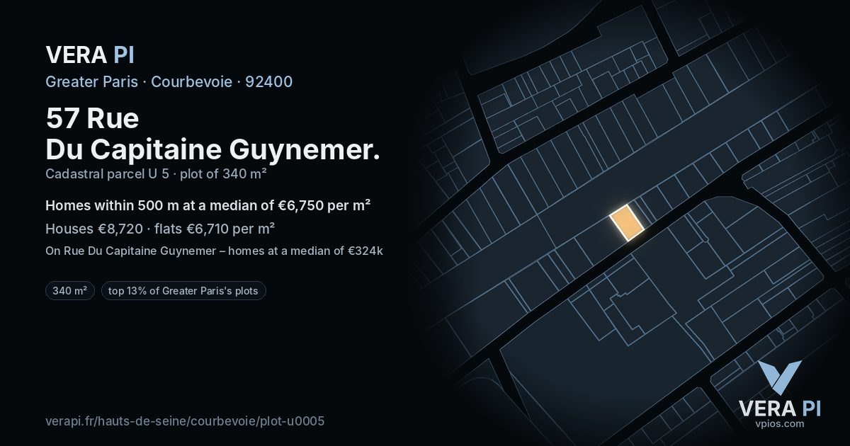 57 Rue Du Capitaine Guynemer, Courbevoie at night – the plot lit, the parcels around coloured by the prices near them