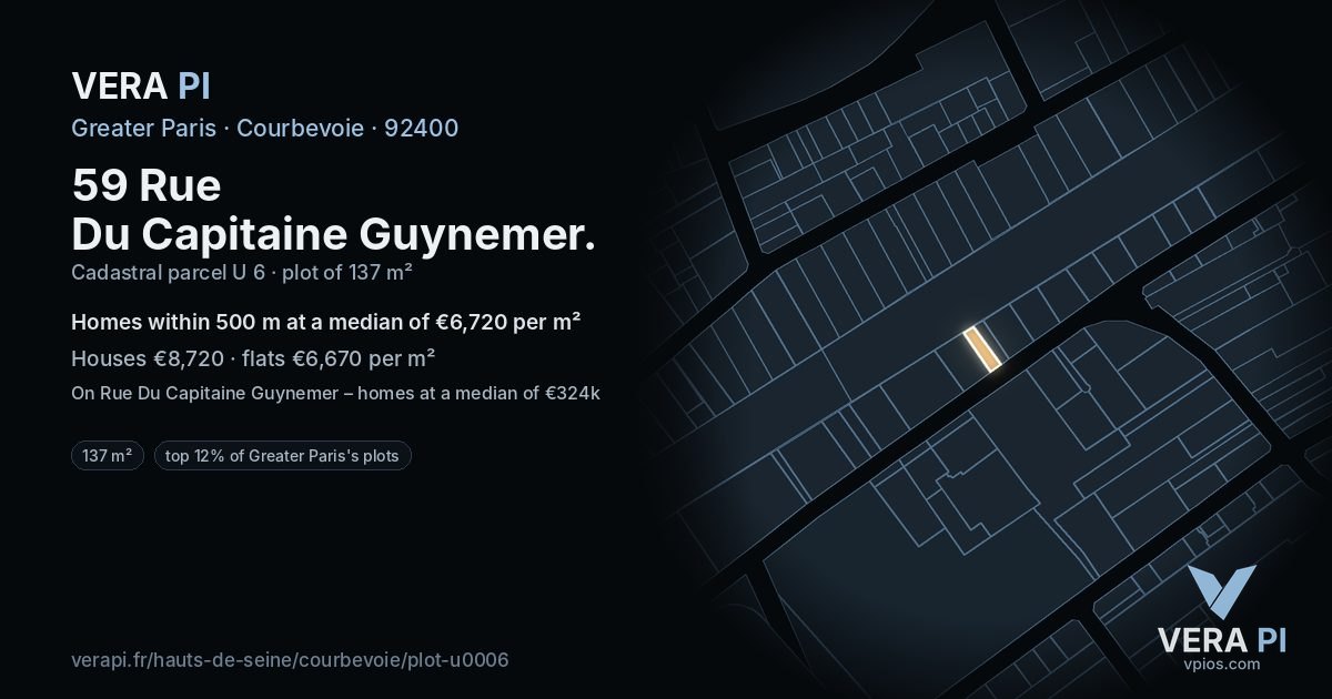 59 Rue Du Capitaine Guynemer, Courbevoie at night – the plot lit, the parcels around coloured by the prices near them