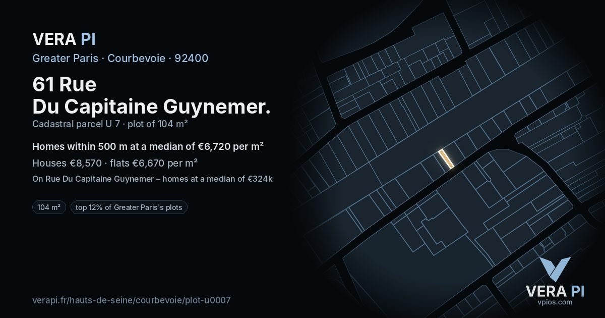 61 Rue Du Capitaine Guynemer, Courbevoie at night – the plot lit, the parcels around coloured by the prices near them