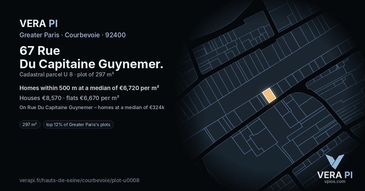 67 Rue Du Capitaine Guynemer, Courbevoie at night – the plot lit, the parcels around coloured by the prices near them