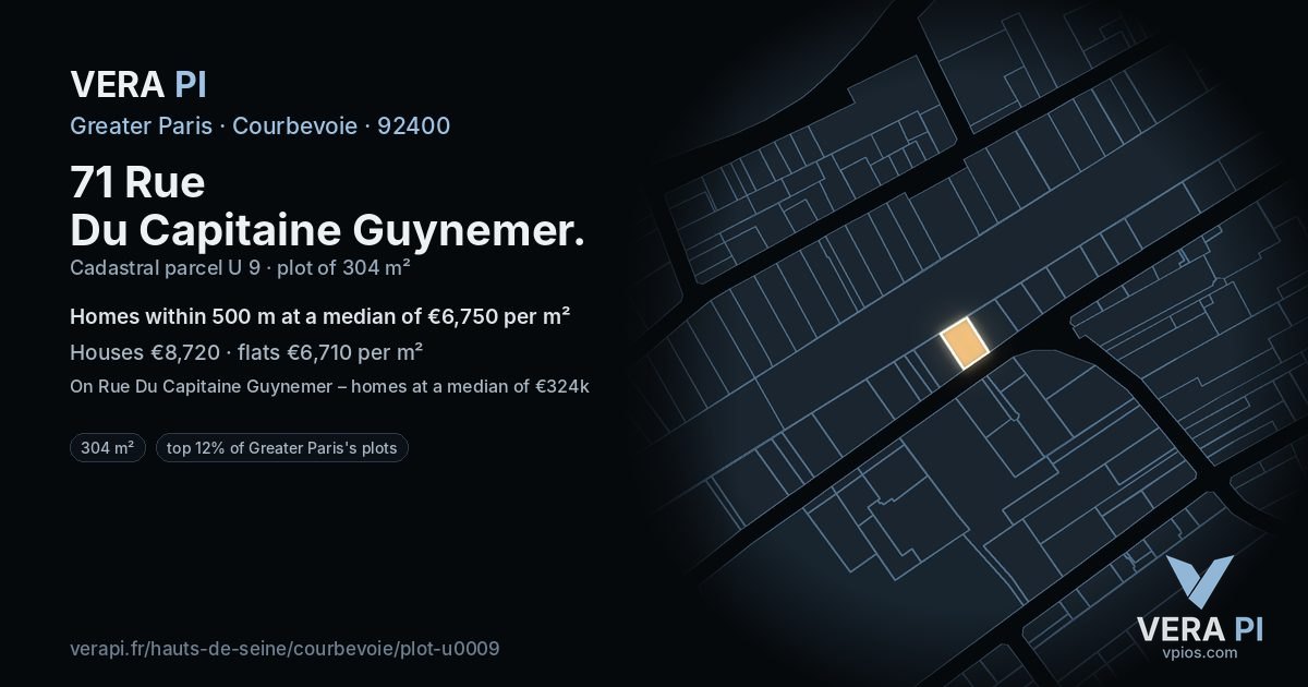 71 Rue Du Capitaine Guynemer, Courbevoie at night – the plot lit, the parcels around coloured by the prices near them