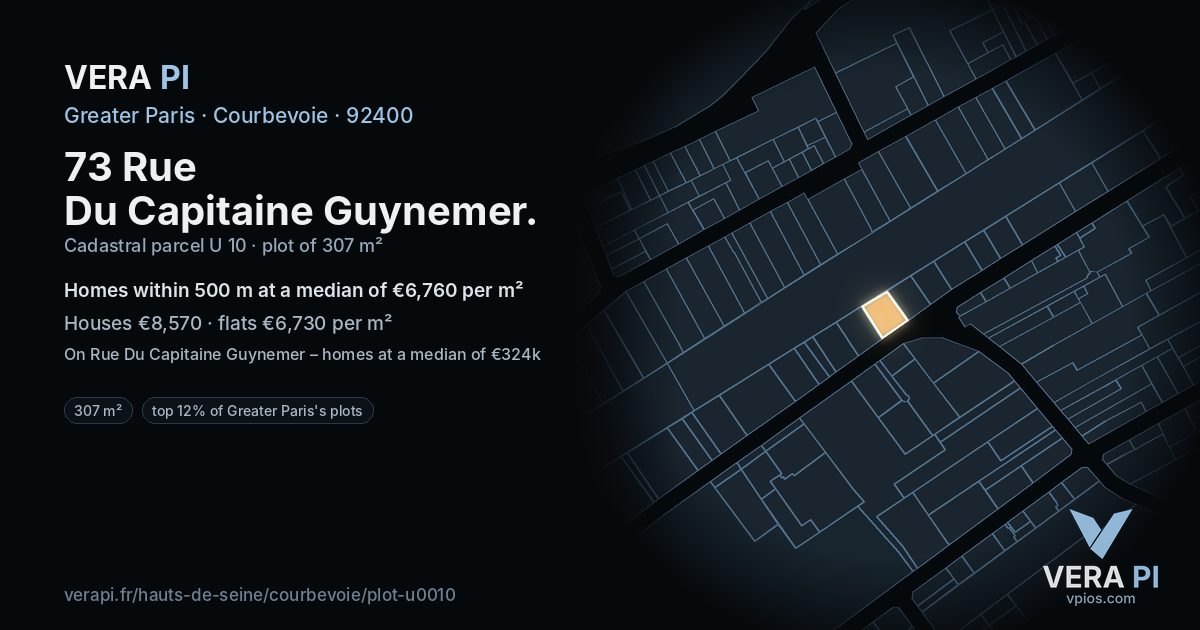 73 Rue Du Capitaine Guynemer, Courbevoie at night – the plot lit, the parcels around coloured by the prices near them