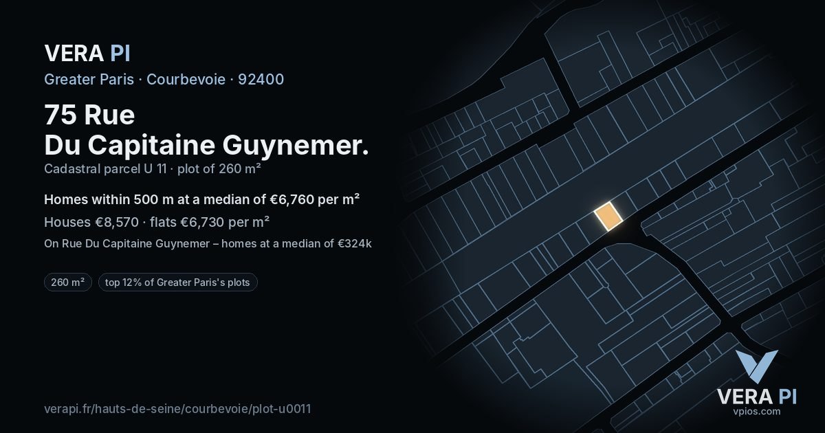 75 Rue Du Capitaine Guynemer, Courbevoie at night – the plot lit, the parcels around coloured by the prices near them