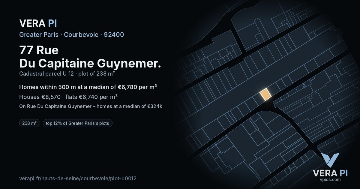 77 Rue Du Capitaine Guynemer, Courbevoie at night – the plot lit, the parcels around coloured by the prices near them