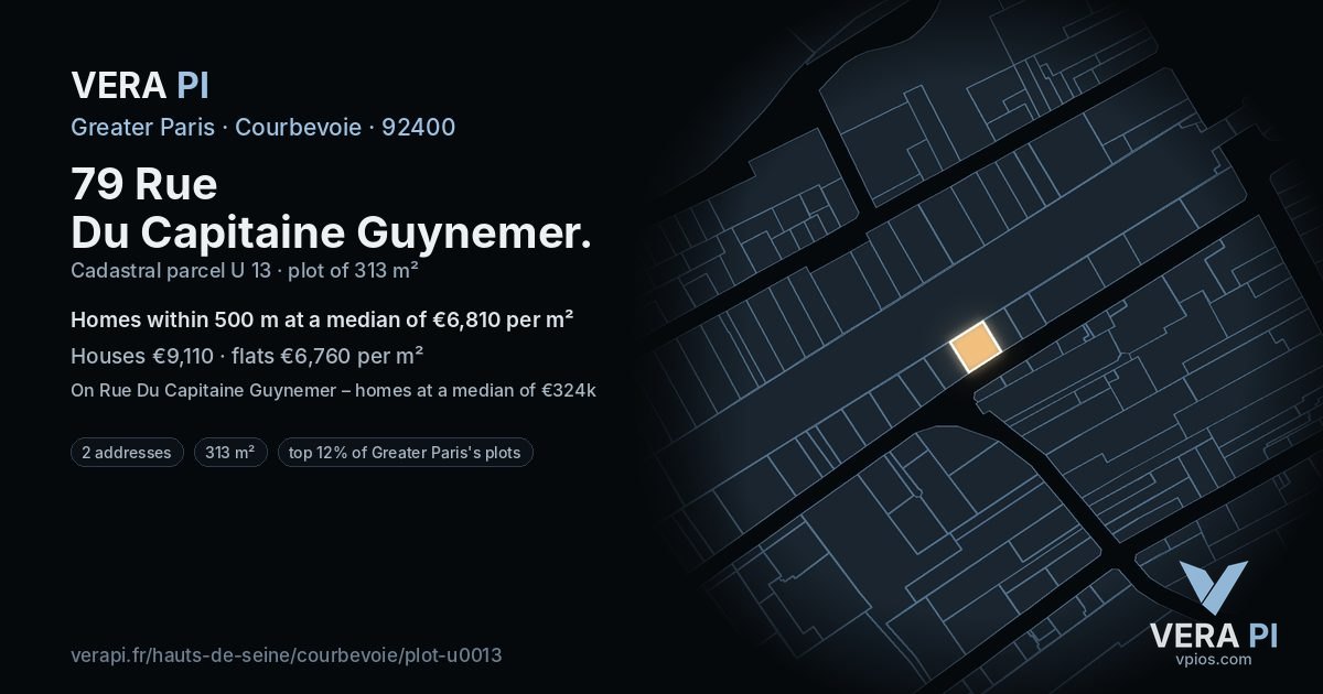 79 Rue Du Capitaine Guynemer, Courbevoie at night – the plot lit, the parcels around coloured by the prices near them
