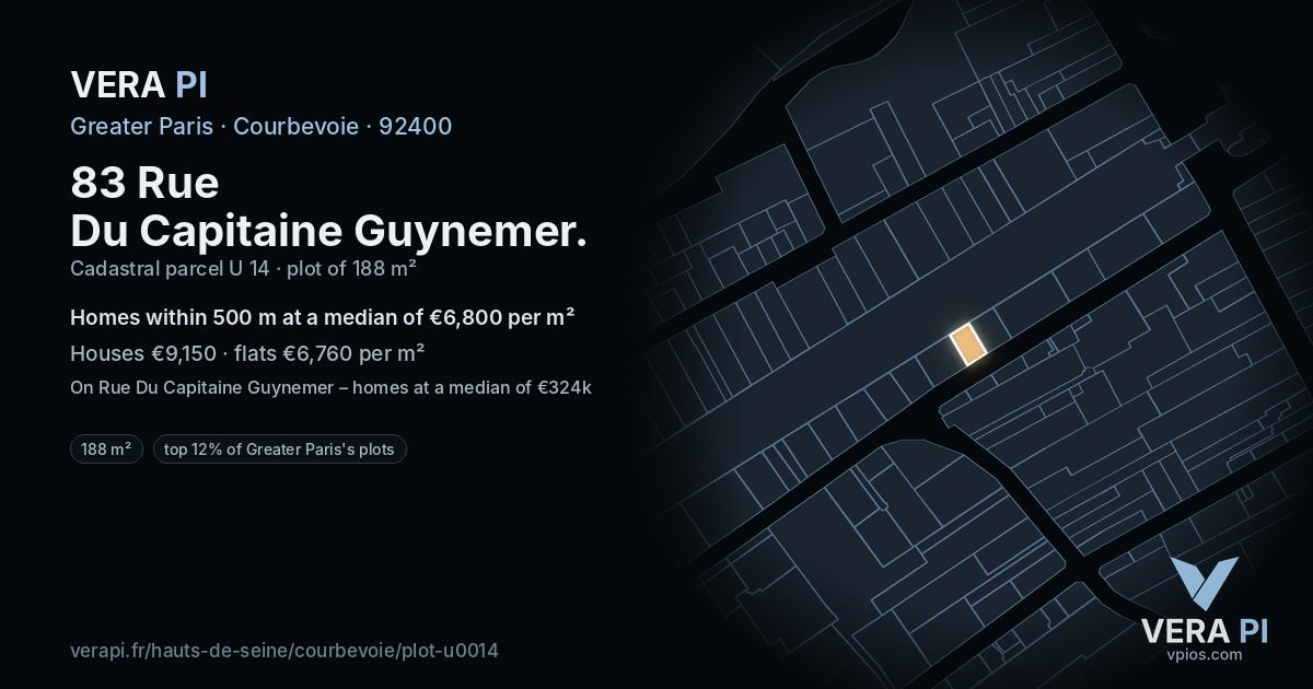 83 Rue Du Capitaine Guynemer, Courbevoie at night – the plot lit, the parcels around coloured by the prices near them