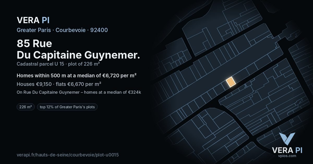 85 Rue Du Capitaine Guynemer, Courbevoie at night – the plot lit, the parcels around coloured by the prices near them