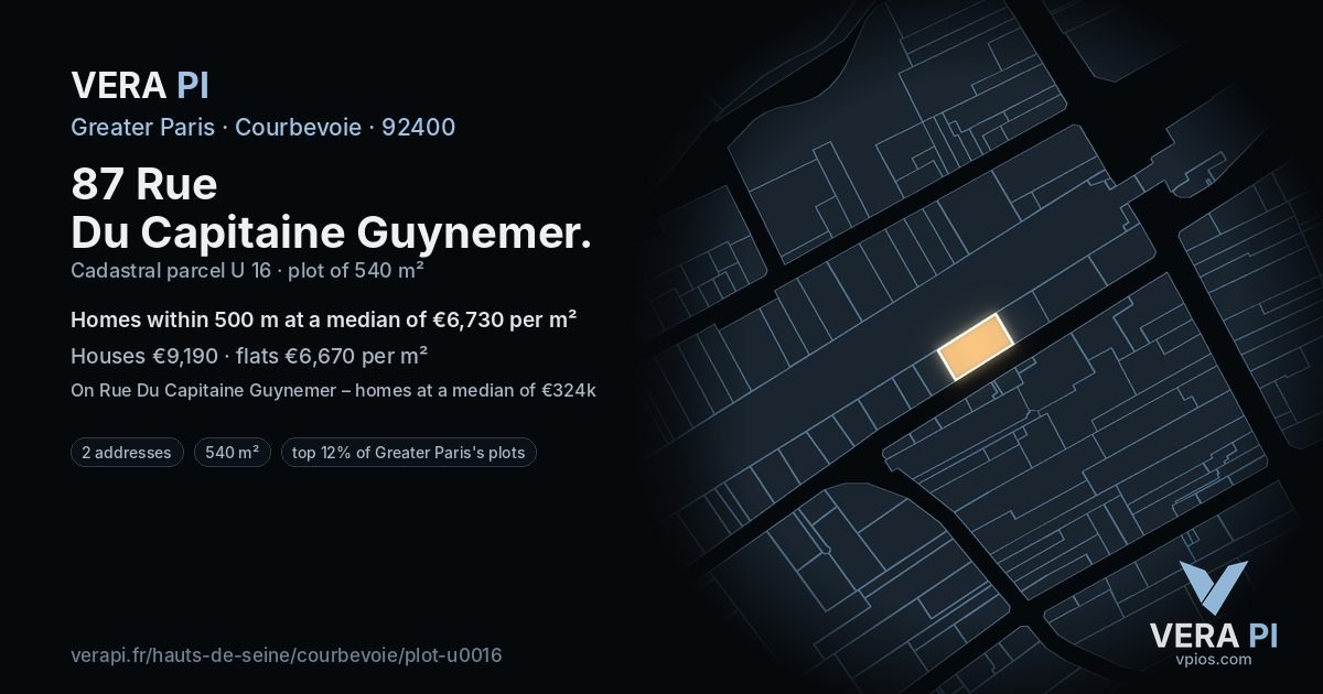 87 Rue Du Capitaine Guynemer, Courbevoie at night – the plot lit, the parcels around coloured by the prices near them